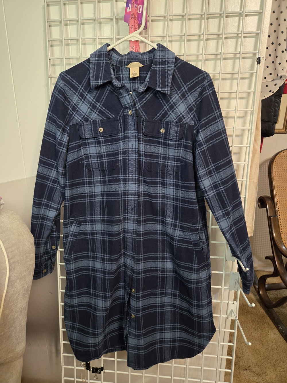 Duluth Trading Co Navy and Light Blue Plaid Utility Jacket